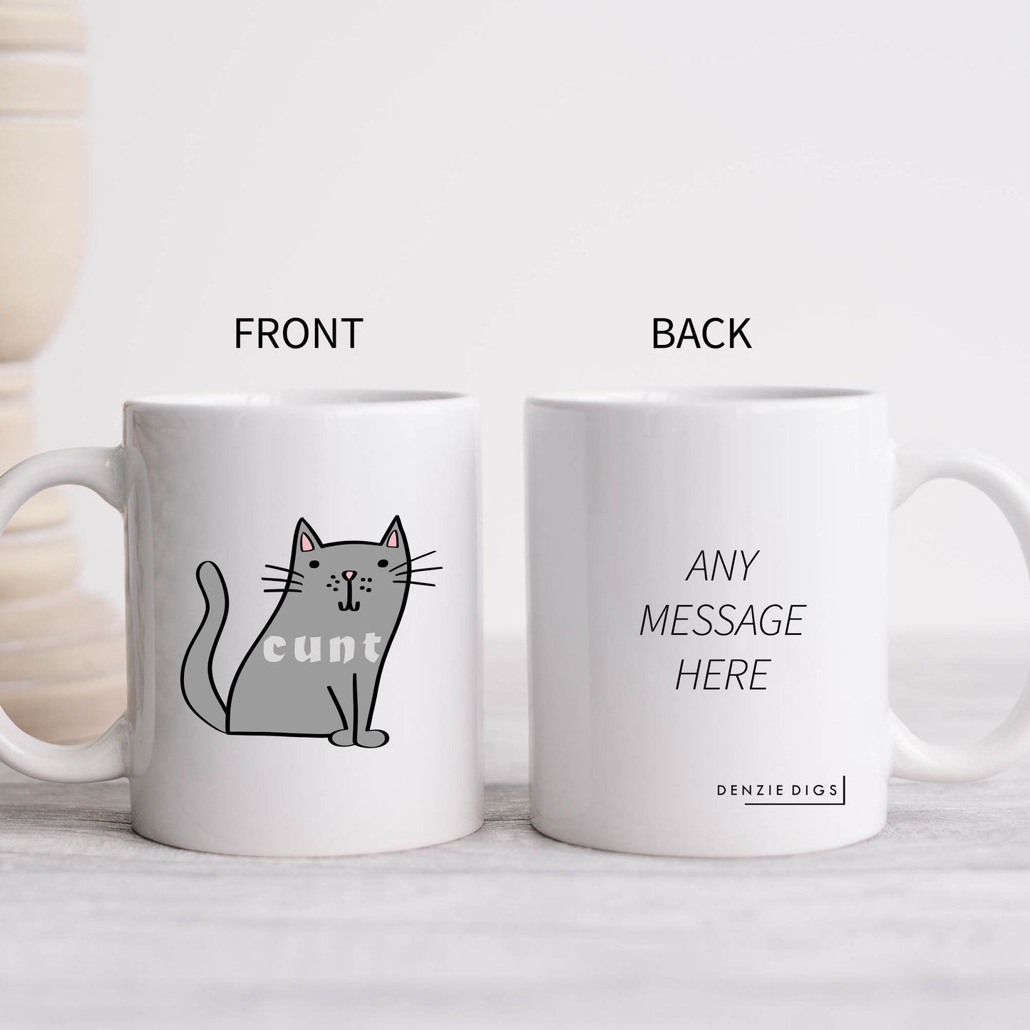 Cunt, Cute Grey Cat Design, Ceramic Personalised Funny Offensive Joke Mug