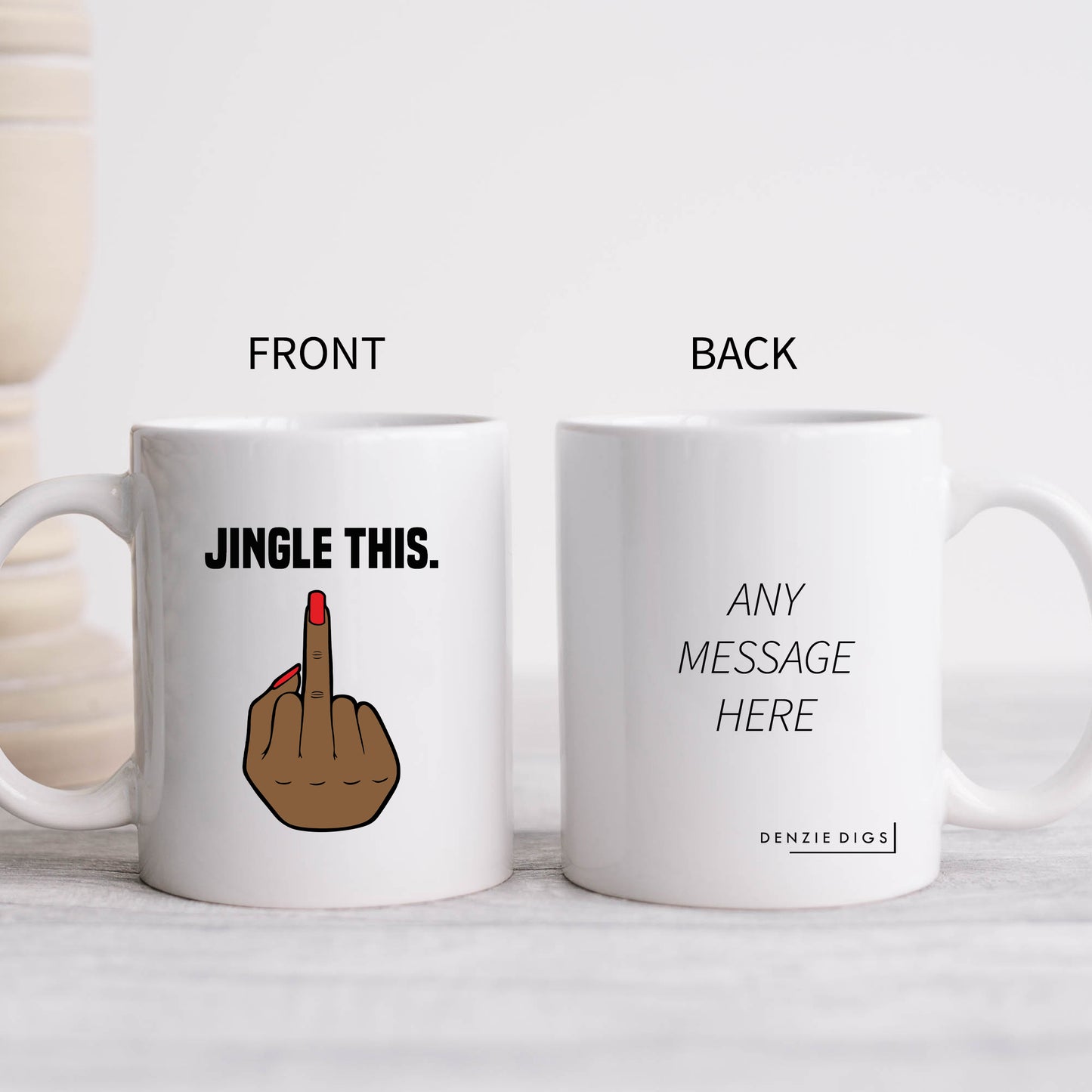 Middle Finger Personalised Christmas Mug, 'Jingle This' Brown Female Hand – Funny Rude Offensive Xmas Gift