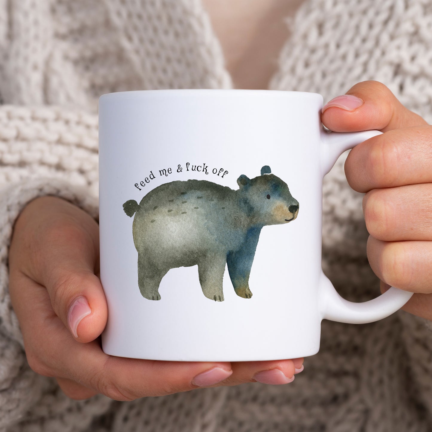 Feed Me and Fuck Off, Cute Bear Design, Ceramic Personalised Funny Offensive Joke Mug