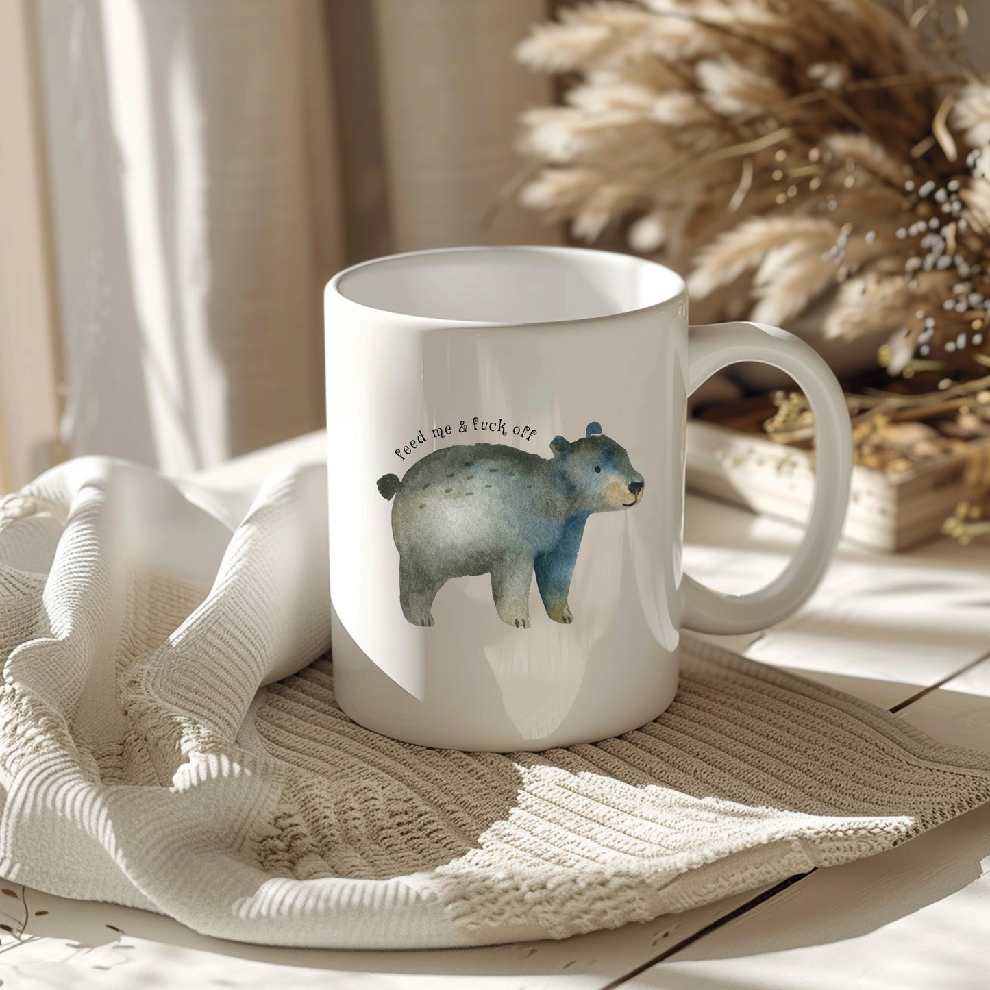 Feed Me and Fuck Off, Cute Bear Design, Ceramic Personalised Funny Offensive Joke Mug