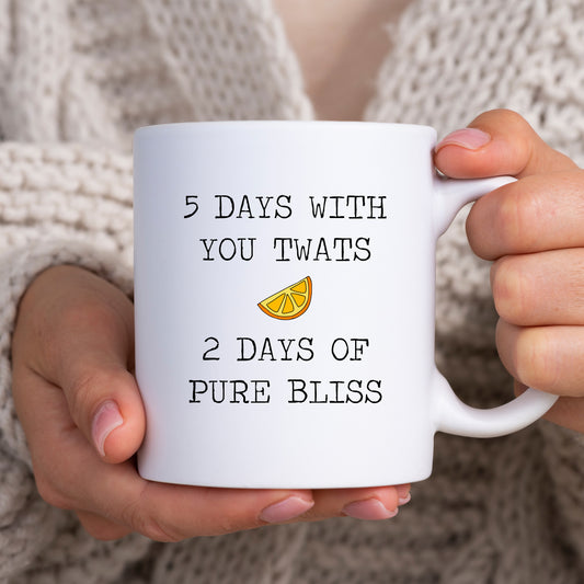 Five Days With You Twats Two Days of Pure Bliss, Funny Gift for Colleague, Offensive Personalised Mug