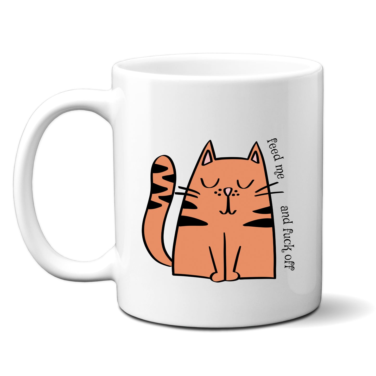 Feed Me and Fuck Off, Cute Cat Design, Ceramic Personalised Funny Offensive Joke Mug