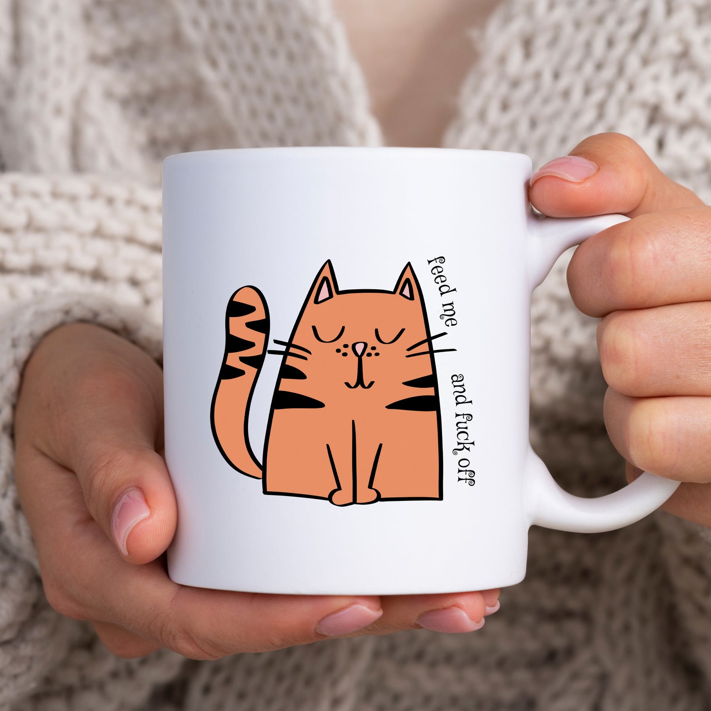 Feed Me and Fuck Off, Cute Cat Design, Ceramic Personalised Funny Offensive Joke Mug
