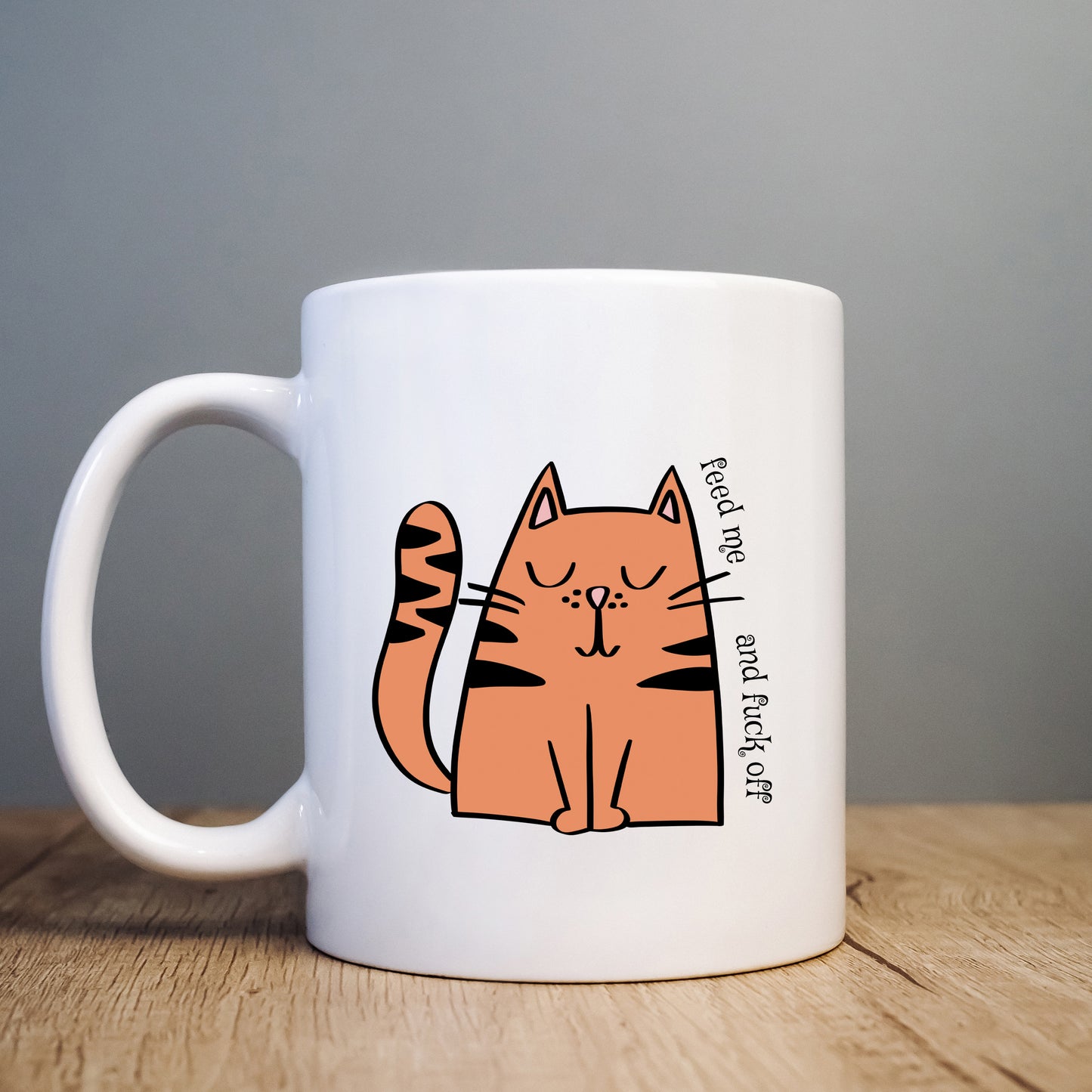 Feed Me and Fuck Off, Cute Cat Design, Ceramic Personalised Funny Offensive Joke Mug