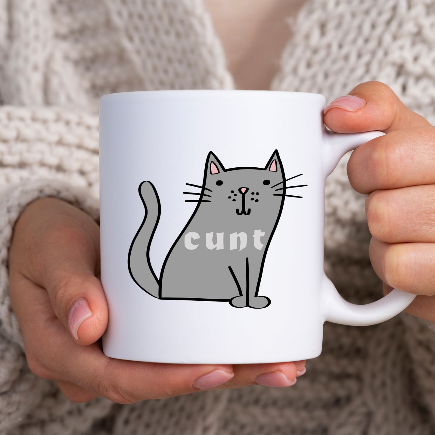 Cunt, Cute Grey Cat Design, Ceramic Personalised Funny Offensive Joke Mug