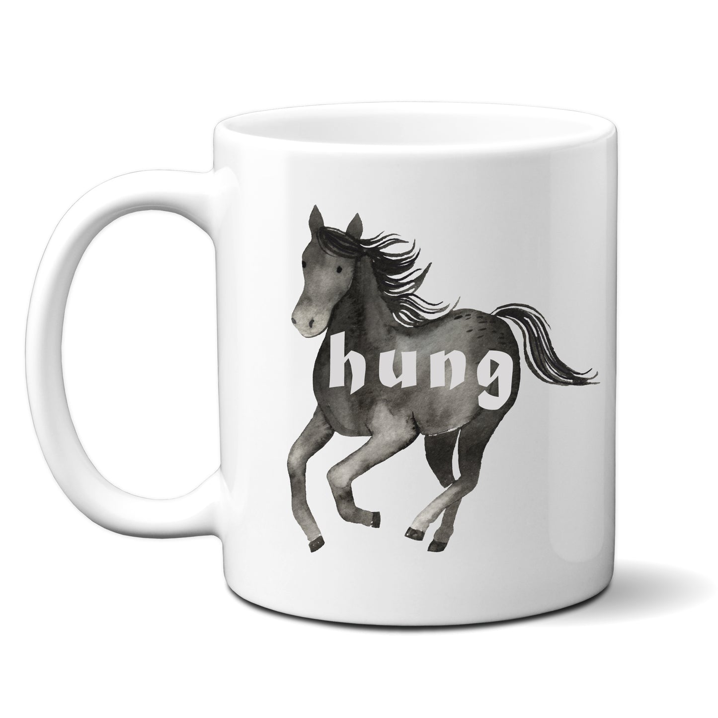 Hung, Black Horse Design, Ceramic Personalised Funny Offensive Joke Mug