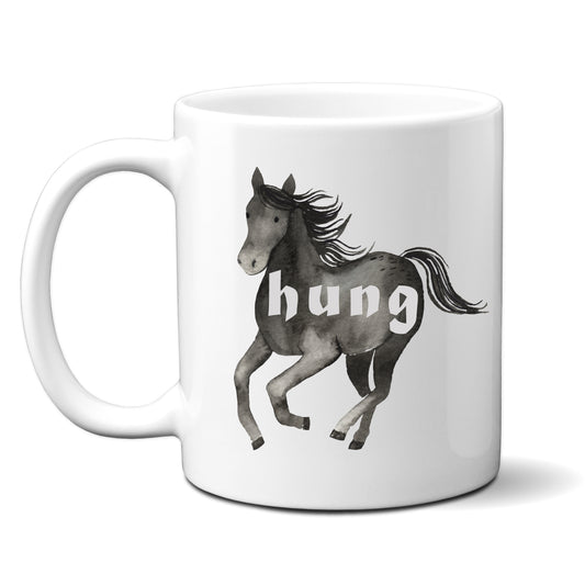 Hung, Black Horse Design, Ceramic Personalised Funny Offensive Joke Mug