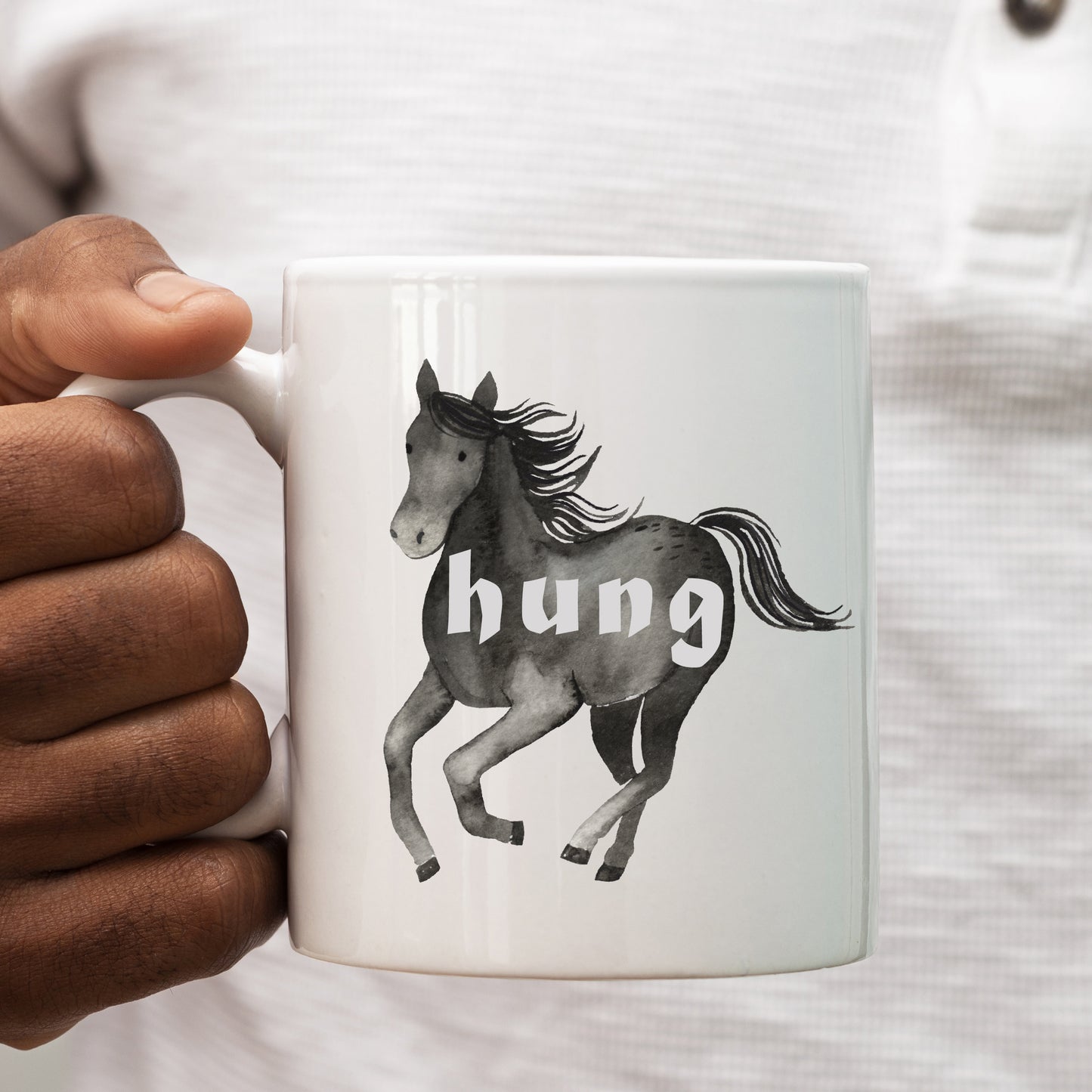 Hung, Black Horse Design, Ceramic Personalised Funny Offensive Joke Mug