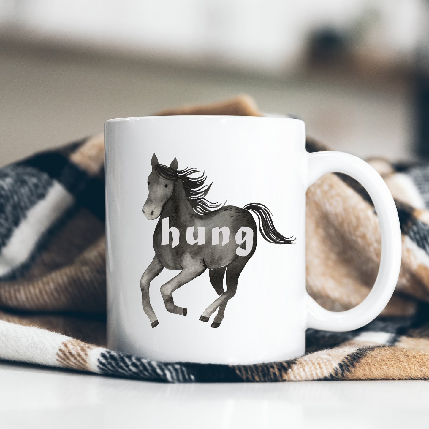 Hung, Black Horse Design, Ceramic Personalised Funny Offensive Joke Mug