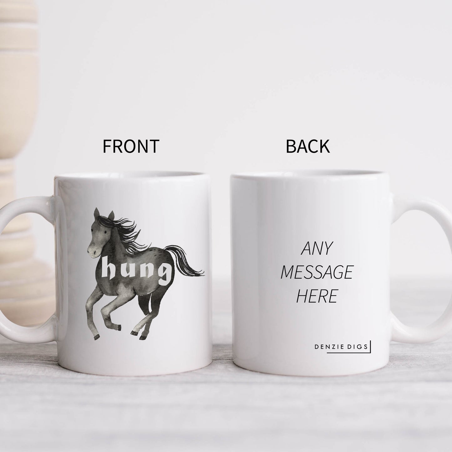 Hung, Black Horse Design, Ceramic Personalised Funny Offensive Joke Mug