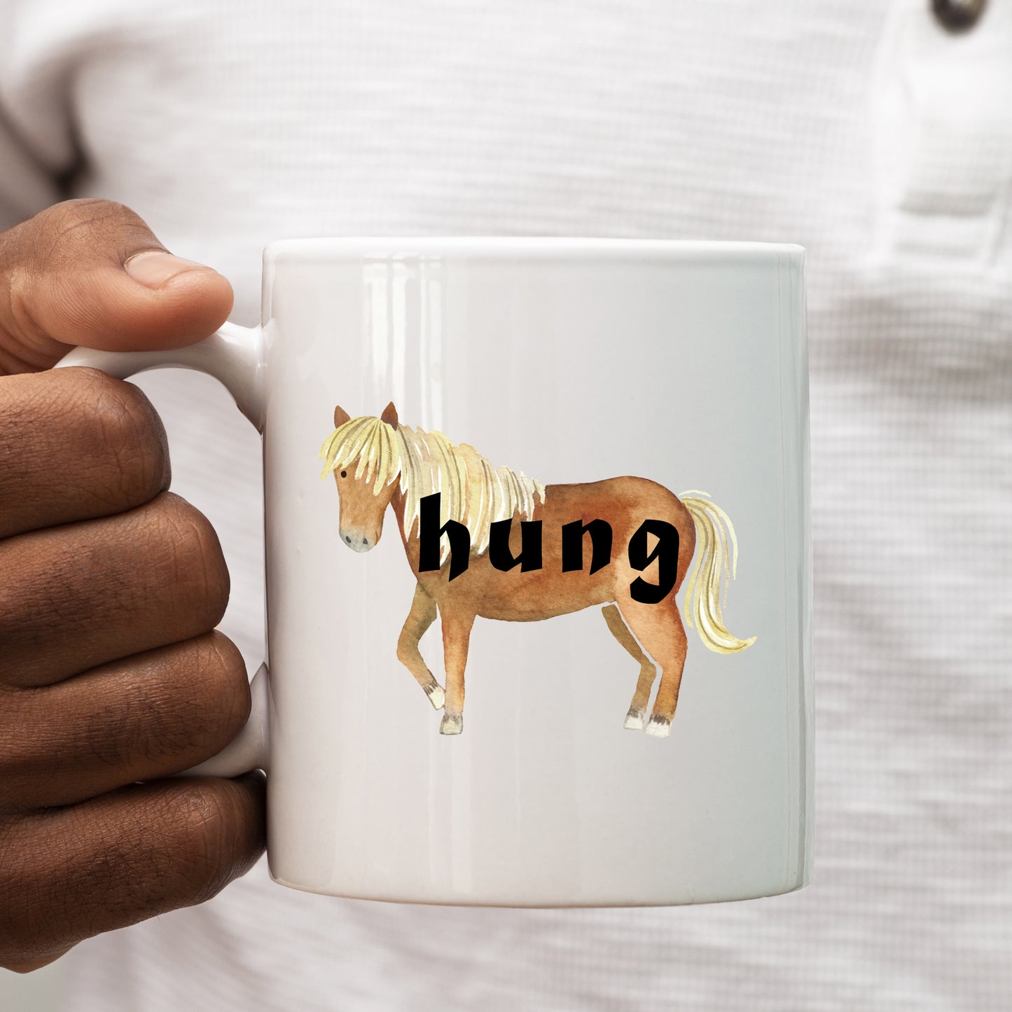 Hung, Brown Horse Design, Ceramic Personalised Funny Offensive Joke Mug