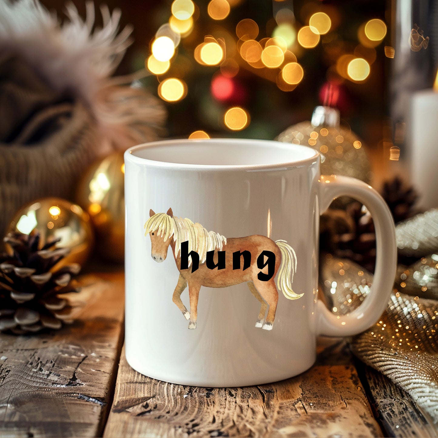 Hung, Brown Horse Design, Ceramic Personalised Funny Offensive Joke Mug