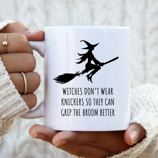 Witches Don't Wear Knickers To Grip The Broom Mug, Funny Halloween Hilarious Rude Personalised Gift Cup