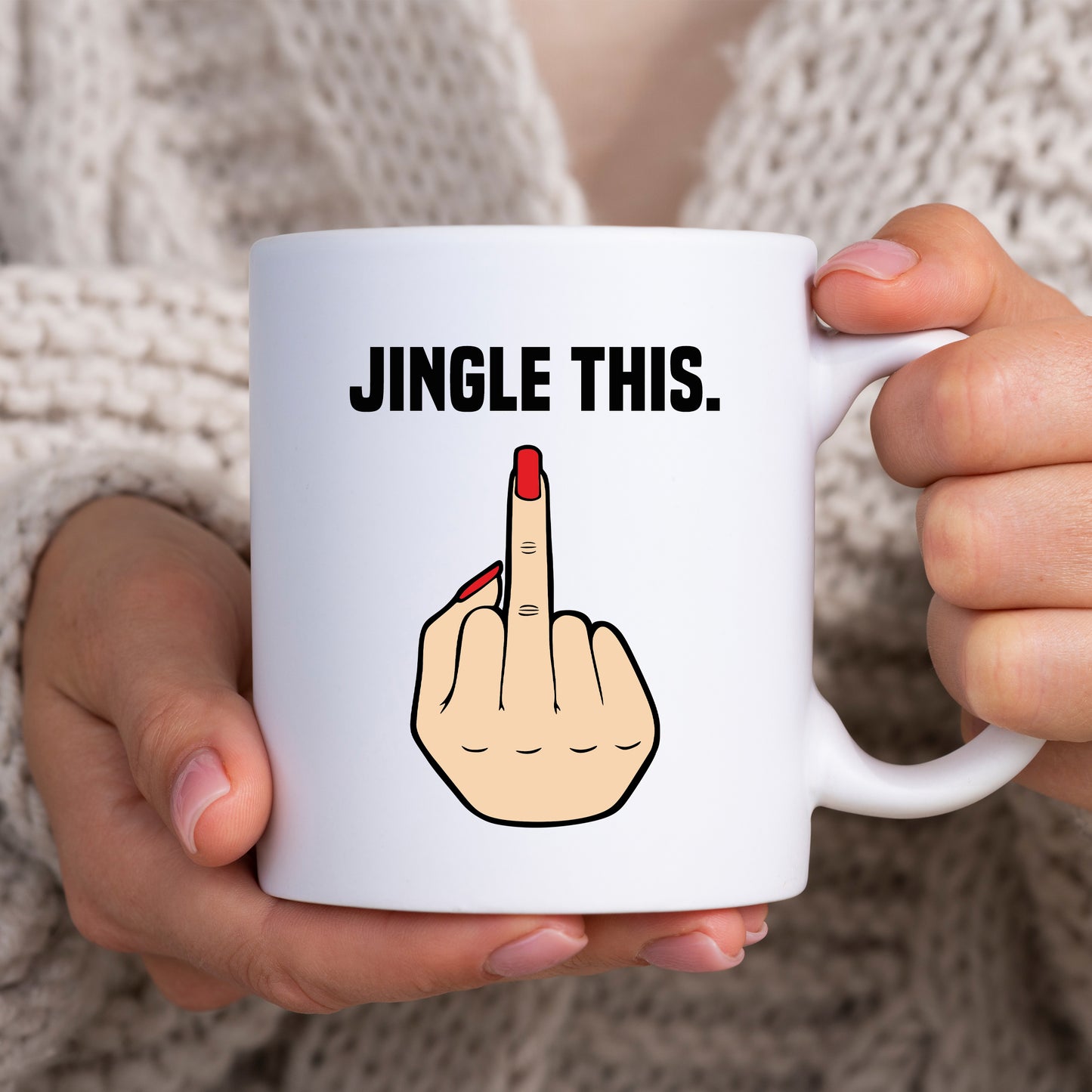 Middle Finger Personalised Christmas Mug, 'Jingle This' White Female Hand – Funny Rude Offensive Xmas Gift