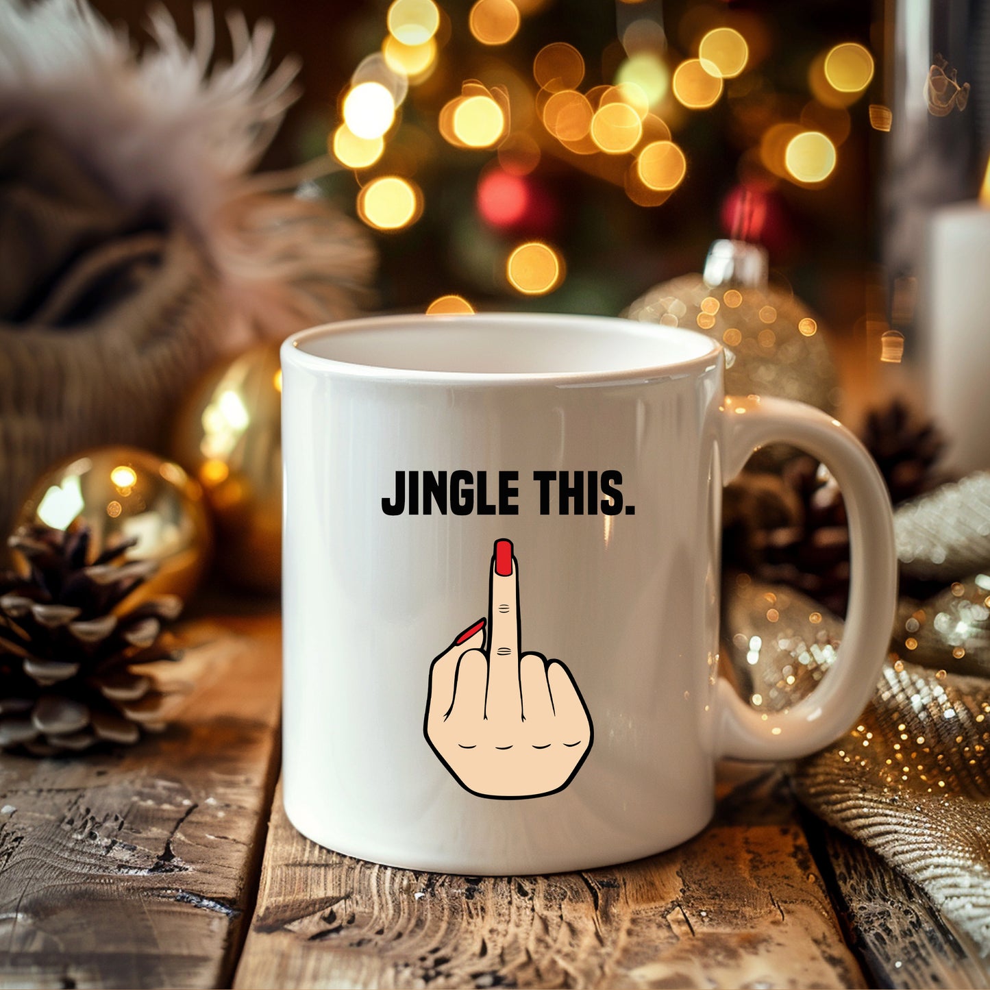Middle Finger Personalised Christmas Mug, 'Jingle This' White Female Hand – Funny Rude Offensive Xmas Gift