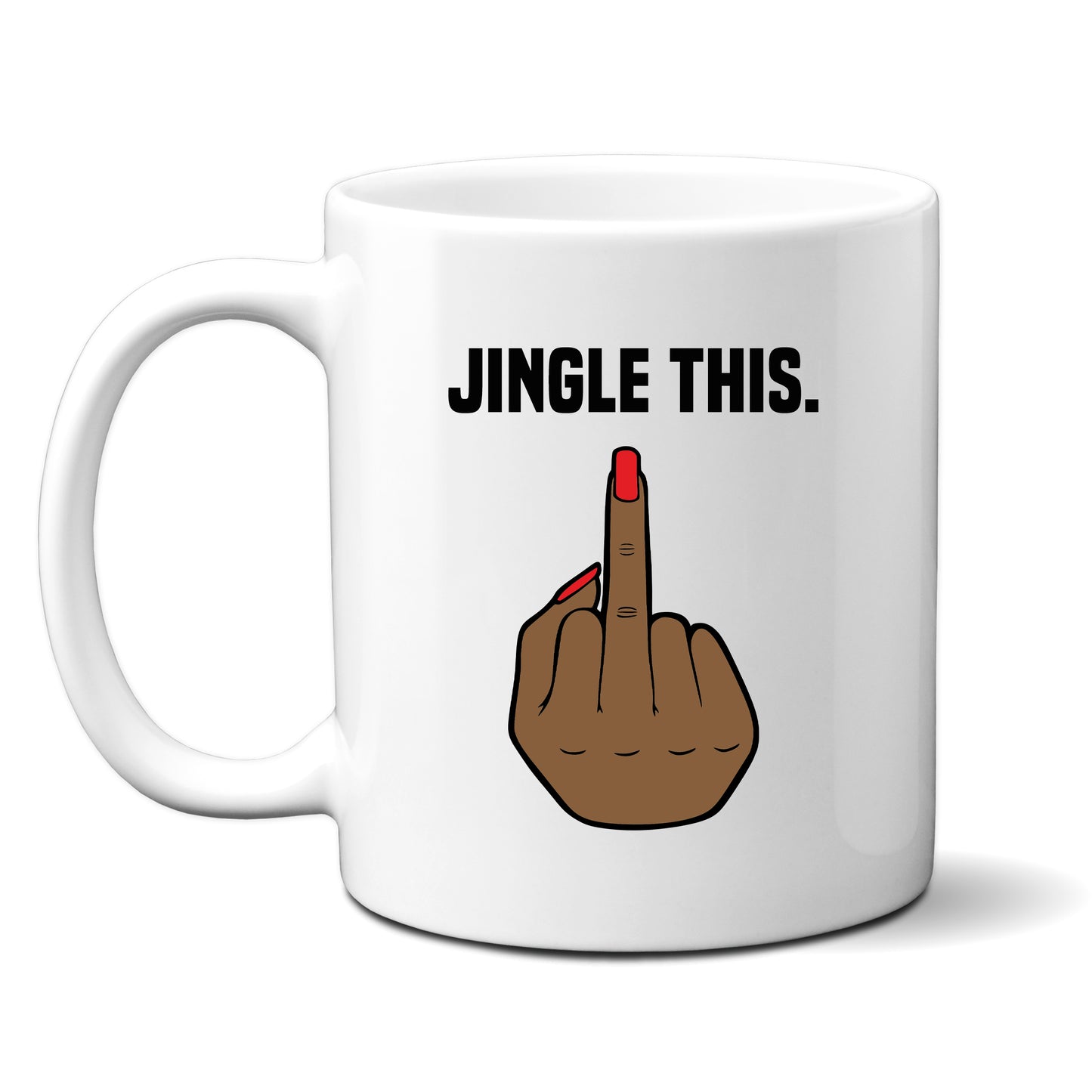 Middle Finger Personalised Christmas Mug, 'Jingle This' Brown Female Hand – Funny Rude Offensive Xmas Gift