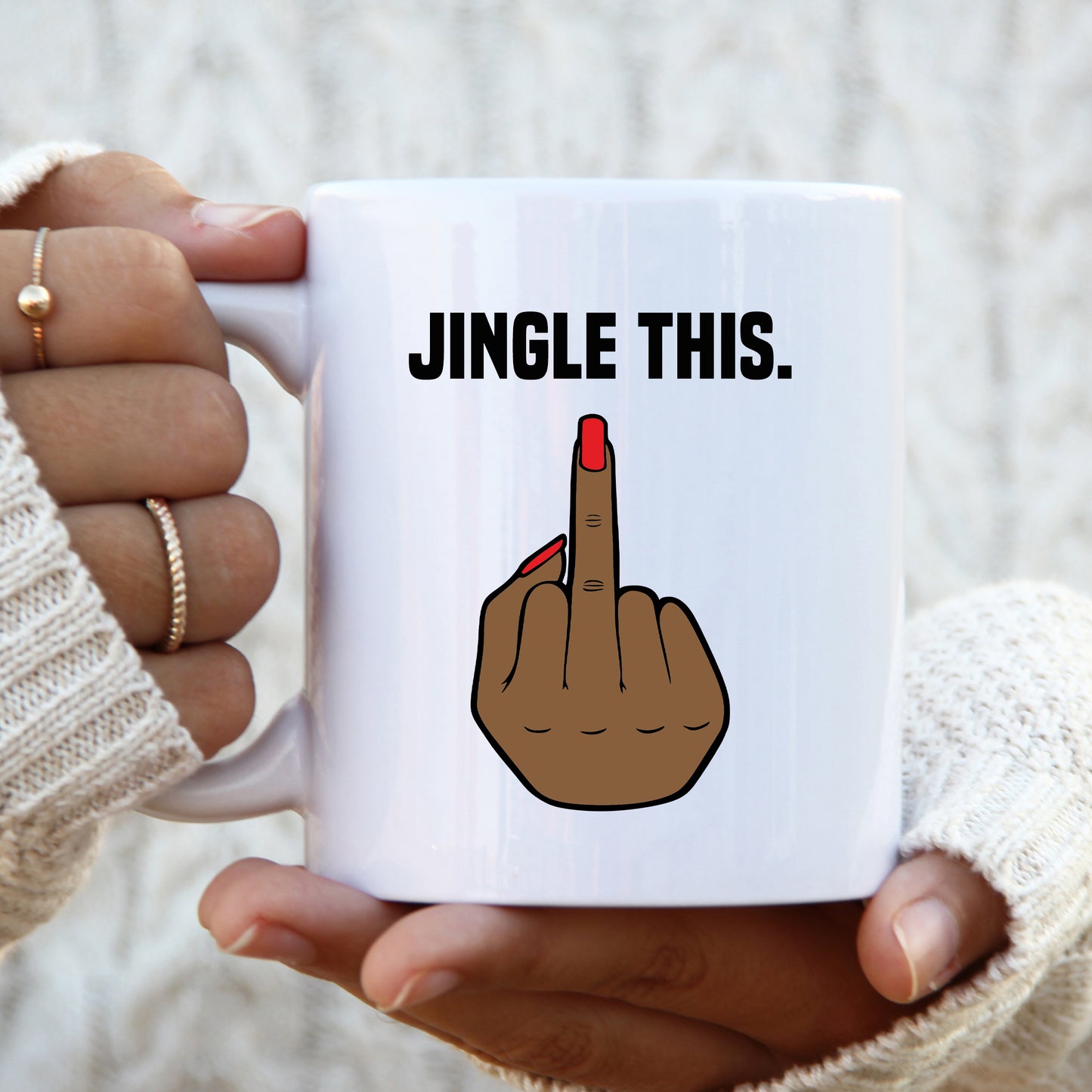 Middle Finger Personalised Christmas Mug, 'Jingle This' Brown Female Hand – Funny Rude Offensive Xmas Gift