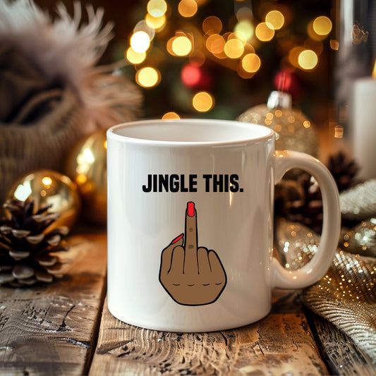 Middle Finger Personalised Christmas Mug, 'Jingle This' Brown Female Hand – Funny Rude Offensive Xmas Gift