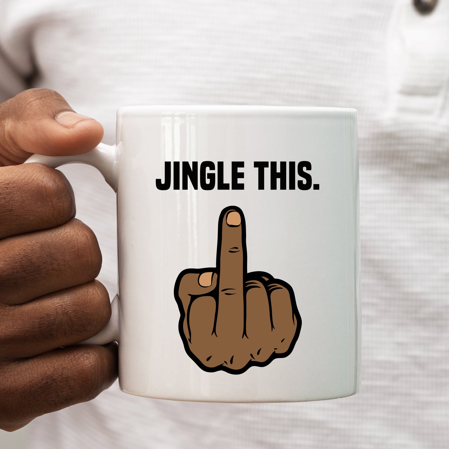 Middle Finger Personalised Christmas Mug, 'Jingle This' Brown Male Hand – Funny Rude Offensive Xmas Gift